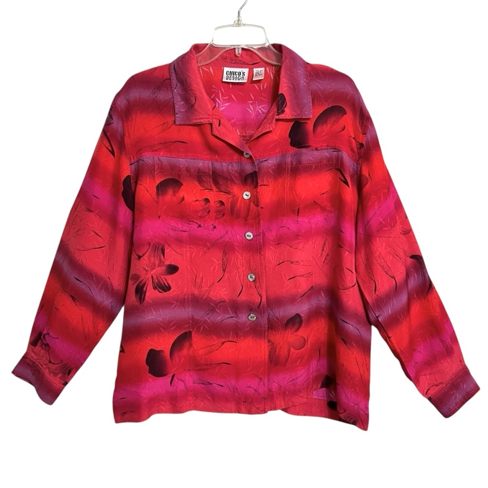 Chico’s Design Vintage Silk Ombré Stripe Top XL 16 Pink Red Floral Art to Wear